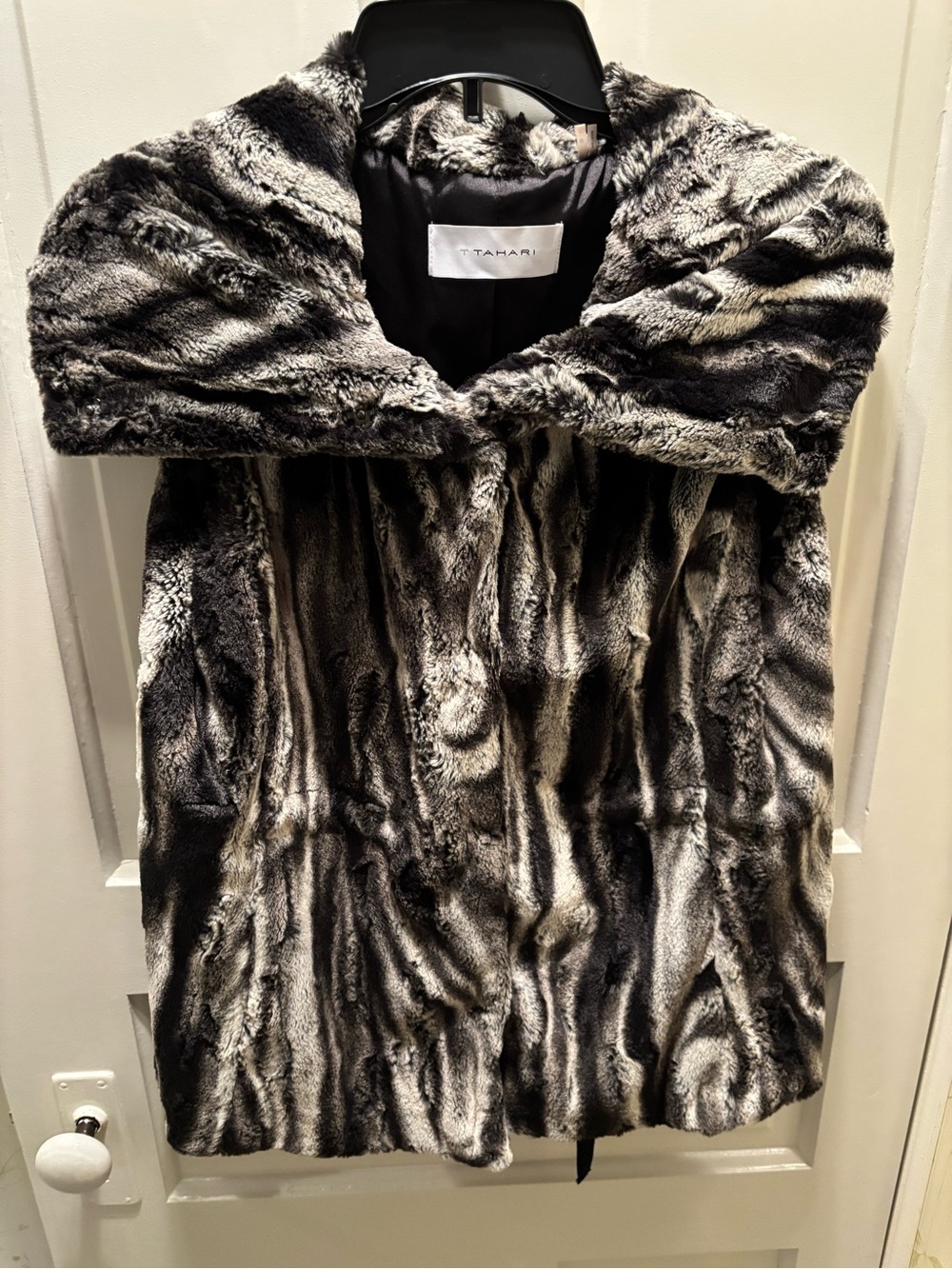 Tahari Black & White Faux-Fur Shawl-Collar Coat